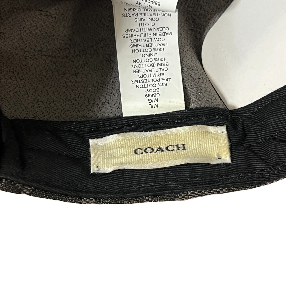 Coach Signature Jacquard Flat Brim Baseball Cap Charcoal Black Leather Logo M/L - Picture 9 of 12